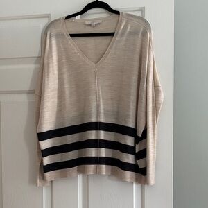LOFT V-Neck Sweater in Cream and Black Stripes